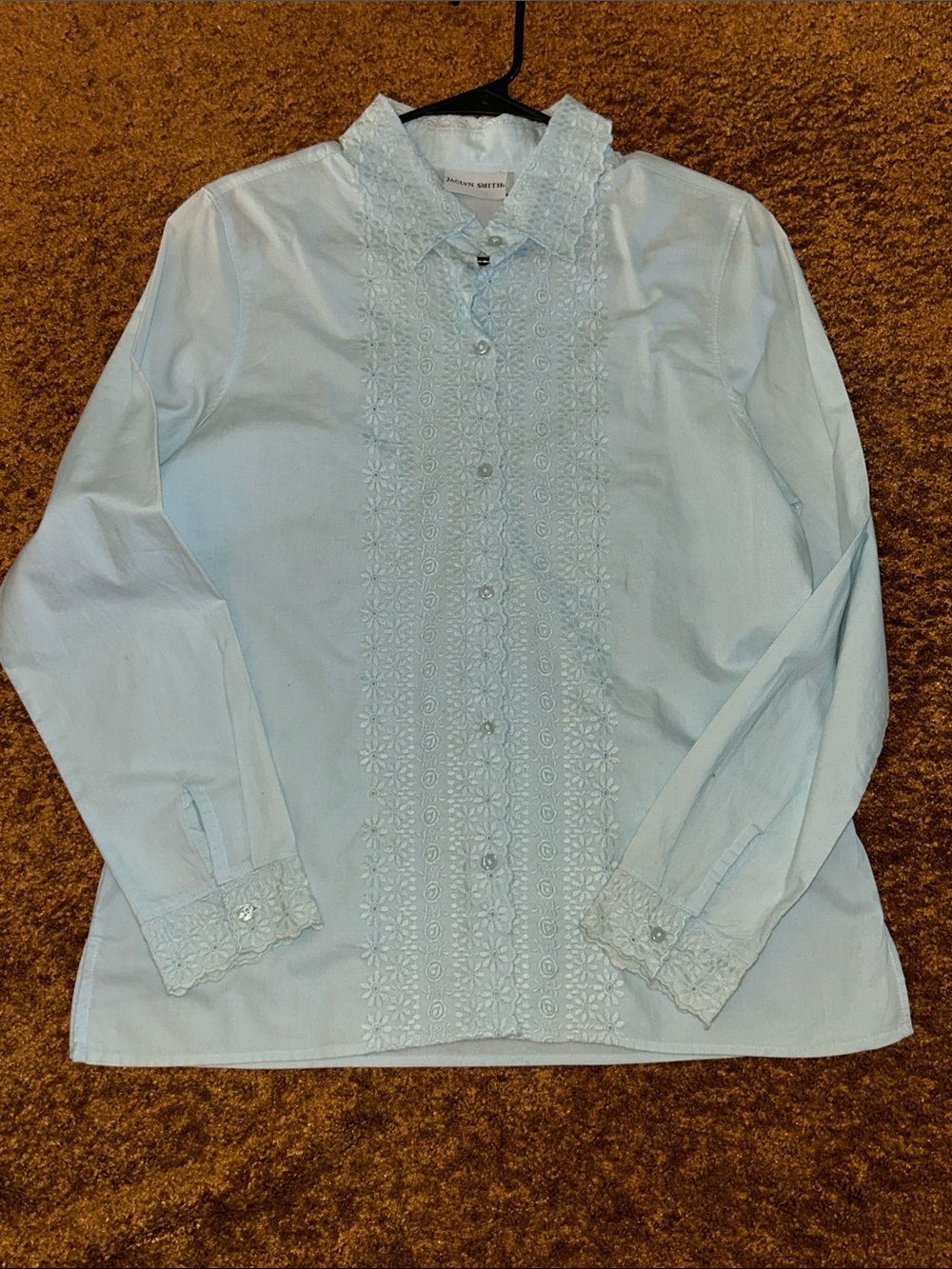 Jaclyn Smith Pale Blue Embroidered Lace-Trim Button Front Blouse